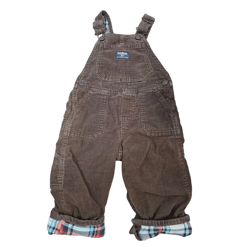 OSHKOSH B'GOSH Boys Corduroy Overalls 18M Plaid Lined Preppy Classic / B67